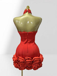 Boutique donna di alta qualità 3D fiore bocciolo Sexy collo all'americana abito alla moda rosso fasciante elegante abito da festa - Product Image 4