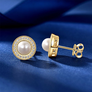 Boucles <span class=keywords><strong>d</strong></span>'oreilles clous en argent 925, style vintage, perles <span class=keywords><strong>de</strong></span> <span class=keywords><strong>culture</strong></span> <span class=keywords><strong>d</strong></span>'eau douce naturelles blanches rondes <span class=keywords><strong>de</strong></span> 5,5 à 6 mm, halo, pour femmes - Product Image 4