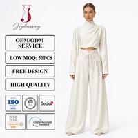 Ensemble deux pièces pour femmes Joydressing, haut court à col haut ivoire, pantalon large à nouer à la taille, vente en gros