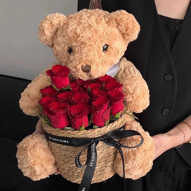 red 21 rose hug bucket + teddy bear