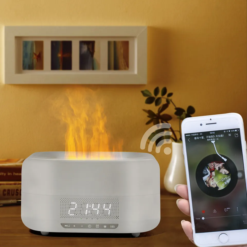 Professional Adjustable Smart Fragrance Flame Humidifier Essential Mist Fire Aroma Diffuser With Bluetooth Speaker Alarm Clock