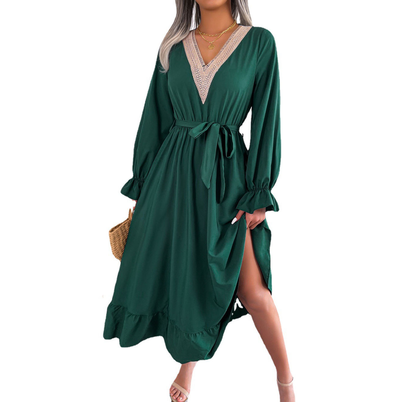 Mode Vrouwen Zomer Lente Explosieve Custom Modellen V-Hals Lange