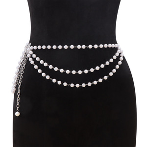 โซ่คาดเอวประดับมุกสามชั้น มุกเทียมสีทองขาว สำหรับงานปาร์ตี้ เครื่องประดับแฟชั่น - Product Image 2