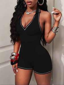 Mujeres Sexy Nightwear Playsuits Romper Nuevo Sin mangas <span class=keywords><strong>Halter</strong></span> V <span class=keywords><strong>Cuello</strong></span> <span class=keywords><strong>Rojo</strong></span> Monos - Product Image 4