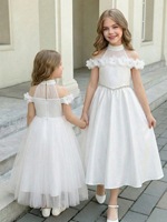 Nouvelle Robe de Princesse en Dentelle Unie pour Filles, Blanche, avec Fleurs en Relief, Col Halter et Épaules en Satin, ODM, Été pour Enfants