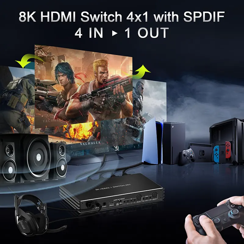 4X1สวิตช์ HDMI 8K60Hz ที่มีการเชื่อมต่อสัญญาณเสียงรองรับ4K120Hz 4 in 1 OUT vrr HDCP2.3 HDD-olby Vision คอนโทรระยะไกล Atmos
