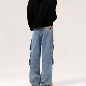 กางเกงยีนส์คาร์โก้ทรงขาบาน สไตล์ฮิปฮอป สีฟ้าอ่อน สำหรับผู้ชาย ผ้าเดนิม ระบายอากาศได้ดี ซักได้ สั่งผลิตได้จำนวนน้อย - Product Image 3