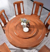 Massivholz Runder Esstisch Set Exquisiter Chinesischer Stil Ausziehbar mit Lazy Susan & Geschnitztem Sockel für Küche Landhaus-Nutzung