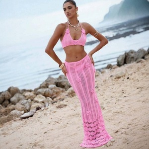 2026 été femmes Sexy flottant fleur suspendu cou débardeur tricoté jupe <span class=keywords><strong>maillot</strong></span> de bain 2 pièces nager couvrir Crochet <span class=keywords><strong>robe</strong></span> de plage - Product Image 3