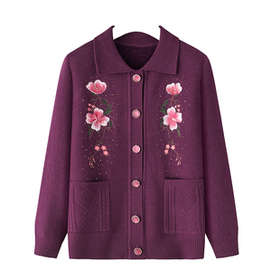 Cárdigan bordado Floral Vintage de otoño, suéter acolchado grueso de invierno para mujeres mayores de mediana edad, abuelas tejidas por mamá - Product Image 4