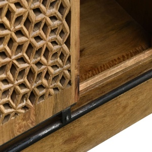 Solid Wood Sliding Door <b>Wardrobe</b> with Handwoven Cane Panels | Natural Finish Space-Saving Almirah | Modern <b>Rustic</b> Bedroom - Product Image 2