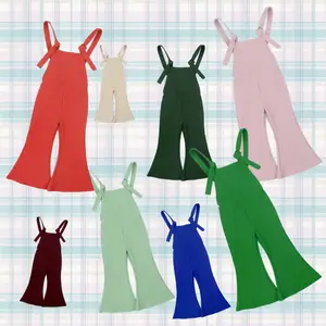 Hot fashion plain solid red knot style baby girl overalls bell bottoms overalls for children toddlers flare bottom pants