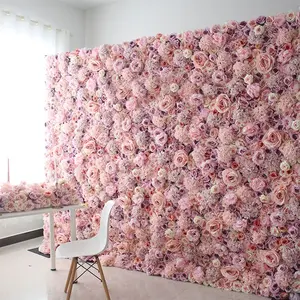 Dinding Mawar Merah Muda 8 Kaki 3D Buatan Roll Up, Panel Latar Belakang Acara Pernikahan Dinding Bunga