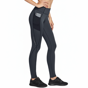 Leggings de sport taille haute noirs pour femmes collants d'entraînement à panneau contrasté avec poche latérale Scrunch Butt pantalon mi-taille à motif solide - Product Image 1
