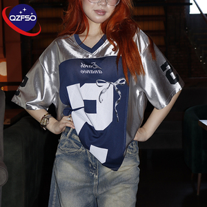 QZFSO Custom Blockette Cyber Streetwear Vintage Soccer <b>Top</b> Shiny Liquid Satin Panel Graphic Print Loose Fit Mesh Sports Jersey - Product Image 1