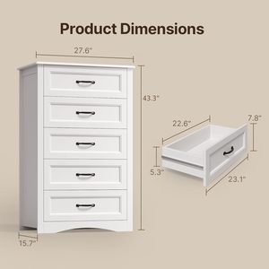 Commode moderne à 5 tiroirs en bois <span class=keywords><strong>blanc</strong></span> pour chambre à coucher, armoire de rangement grande capacité avec dispositif anti-basculement, usage domestique - Product Image 2
