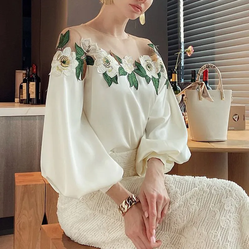 2023 New Fall Mesh Splicing Satin Flower Embroidery Shirts Off The Shoulder Flare Sleeve Elegant Office Women's Blouses   Shirts