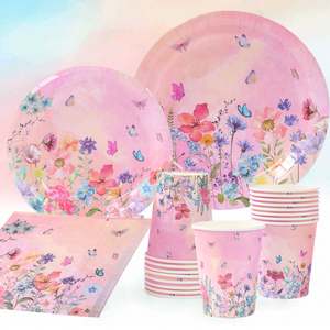 Ensembles <span class=keywords><strong>de</strong></span> vaisselle jetable personnalisée à fleurs florales pour fêtes Assiettes en <span class=keywords><strong>papier</strong></span> Tasses à serviettes Thème princesse rose Ensembles d'assiettes pour fêtes d'<span class=keywords><strong>anniversaire</strong></span> - Product Image 5