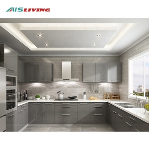 Châu Âu Không Khung Phong Cách Sang Trọng Cao Bóng Trắng Sơn Mài Nhà Bếp Nội Với Man Made Đảo Thạch Anh Đá Thác Nước - Product Image 1