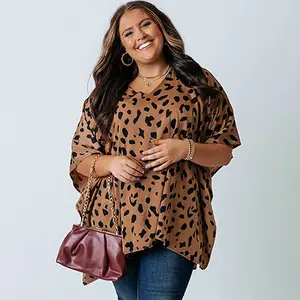 Women Plus Size Leopard Batwing Sleeve Tunic Top