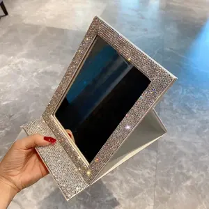 PU Diamond Folding Cosmetic Mirror Bling Rhinestone Makeup Mirror Rectangular Table Princess Cosmetic Dressing European Mirror