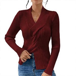 Cárdigan de Mujer con Cuello en V, Estilo Europeo, Color Sólido, Corte Ajustado, Manga Larga, Antiarrugas, Transpirable, con Detalle de Abertura en el Dobladillo, Spandex/Algodón - Product Image 1