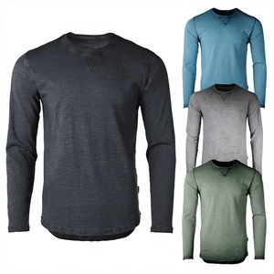Blank Men <b>Long</b> <b>Sleeve</b> Scallop Hem Tee Custom X-Stitch Neckline Curved <b>Longline</b> T-Shirt Plain Streetwear Muscle Fit Cotton - Product Image 5