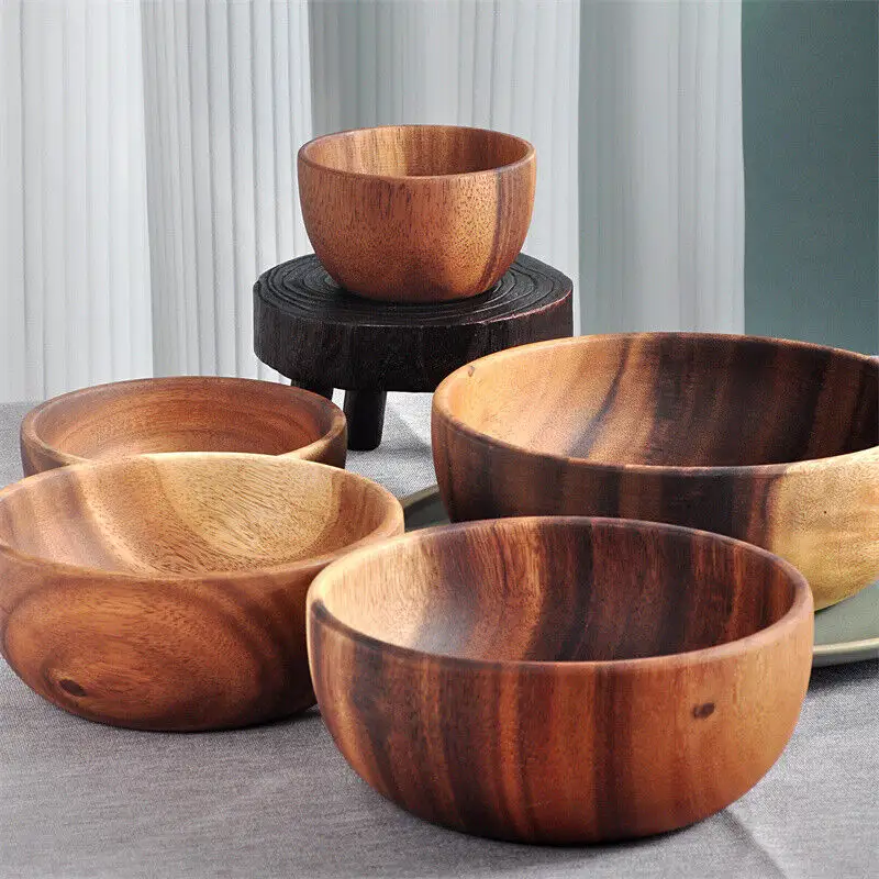 Household Acacia Wood Dinnerware Sets Deep Dish Natural Wooden Large Decorative Fruits Salad Bowls for Serving Food