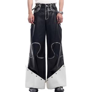 <span class=keywords><strong>Pantaloni</strong></span> da <span class=keywords><strong>uomo</strong></span> di nuova moda a gamba larga rivetti Patchwork in finta pelle lavata svasata <span class=keywords><strong>pantaloni</strong></span> a vita media stile Street ricamati - Product Image 2