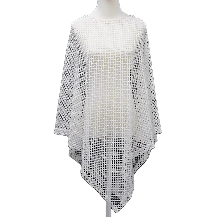 Summer Vacation Travel Beach Clothing Sheer Lace Top White Women Shawl Knitted Poncho Loose Knitted Poncho