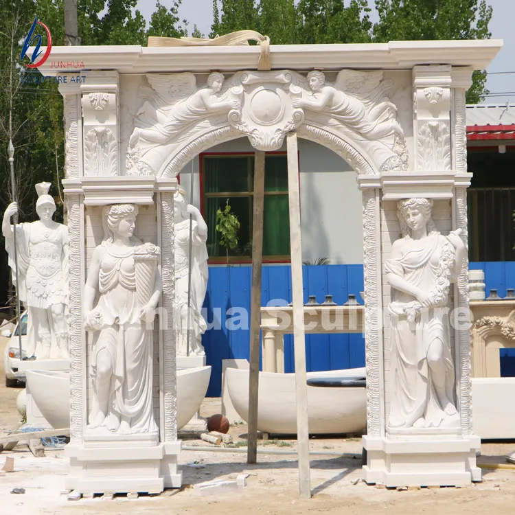 Porte d'entrée de jardin en pierre de marbre blanc, encadrement de porte