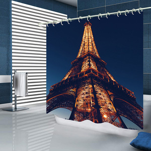 Cortina de ducha de poliéster con estampado de la Torre Eiffel, con anillas, decoración impermeable para el baño, diseño clásico de estilo europeo - Product Image 5