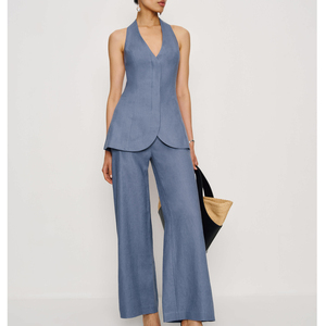 Conjunto de Dos Piezas de <span class=keywords><strong>Verano</strong></span> 2026 para <span class=keywords><strong>Mujer</strong></span>, Casual, Simple, Cuello en V, Chaleco sin Mangas y Top de <span class=keywords><strong>Lino</strong></span>, <span class=keywords><strong>Pantalones</strong></span> Anchos Holgados - Product Image 1