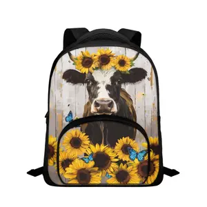 Ransel anak-anak untuk perjalanan sekolah tas buku lucu dengan hewan sapi kucing bunga matahari dicetak tas sekolah kustom