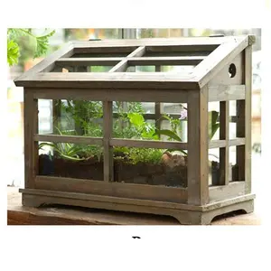 Luckywind FSC Wood Frame Farmhouse Vintage Handicraft Garden Small Mini Glass Greenhouse