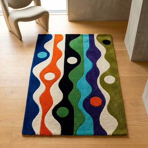 Tapis en laine tufté à la main avec bordure ondulée ludique, style Memphis postmoderne, pour couloir et hall d'entrée - Product Image 1