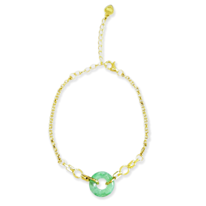 กำไลหยกพม่าเกรด A รูปโดนัท เนื้อใสและเรียบเนียน สีเขียวสดใส ชุบเงินเคลือบทอง สวยงามมาก - Product Image 1