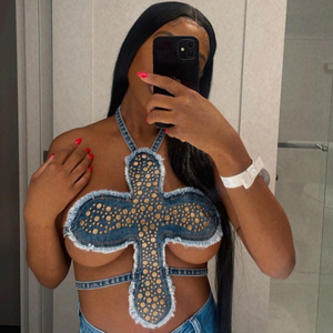 <span class=keywords><strong>Top</strong></span> Corto Sexy <span class=keywords><strong>con</strong></span> Escote Pronunciado, Estilo Tubo, Halter, Cruzado, de Mezclilla - Product Image 4