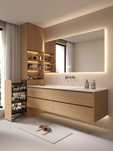 Minimalist Natural Wood-Style Stone Slab Vanity Integrated Sink Smart <b>Mirror</b> <b>Wall</b>-Mounted Bathroom Cabinet - Product Image 5