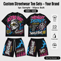 Ensemble deux pièces d'été personnalisé avec logo imprimé numériquement, streetwear délavé, coupe ample vintage, motifs graphiques, strass, shorts pour hommes