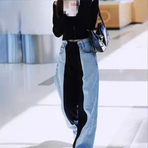 새로운 스타일 대비 컬러 스티칭 개인화 된 스트레이트 여성 청바지 세련된 캐주얼 바지