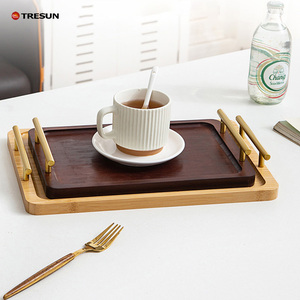 Luxury Rectangle Acacia Wood Serving <b>Tray</b> Golden Handle Breakfast <b>Dinner</b> Plate Tea Serving Board for Parties - Product Image 2