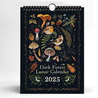 Calendrier Mural 2027 Forêt Noire Calendrier Lunaire Mystique Champignons Oiseaux Art Papier Couché Phases de Lune Reliure Spirale Décoration Maison Bureau