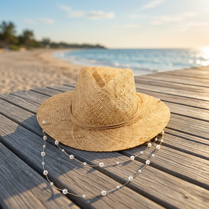 High-End Raffia <b>Straw</b> Beach <b>Hat</b> with Pearl Necklace Design Hand Embroidery for Outdoor Travel & Casual Cycling - Product Image 3