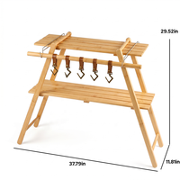 Étagère de camping portable en bambou avec crochets, pliable, pour rangement extérieur et organisation de cuisine de camping pour le glamping