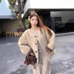 Korean Style Faux Lamb Wool Coat Women Winter Loose Thick Warm Long Sleeve Solid Color Buttons Khaki Black - Product Image 3