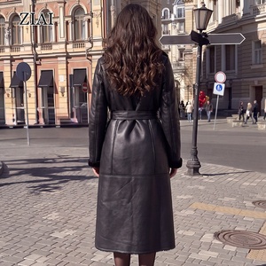 Elegante <span class=keywords><strong>Cappotto</strong></span> Reversibile in Pelle e Pelliccia per Donna |   Giacca Lunga Nera con Cintura e Collo in Pelliccia, Elegante Capospalla Caldo per l'Inverno - Product Image 3