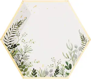 One time use paper plates gold Foil and Botanicals on White, Large 10.5" paper plate & bowl