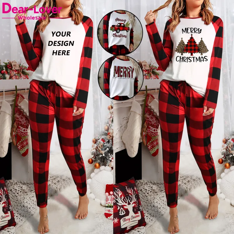 Dear-Amante Atacado Costume Loungewear Conjuntos Adultos Das Senhoras da Manta Impressão Pijama Sleepwear Manga Longa Mulheres Pijama Natal