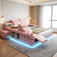 Lit double multifonction en cuir véritable avec massage, haut-parleurs et rangement pour chambre principale et home cinéma